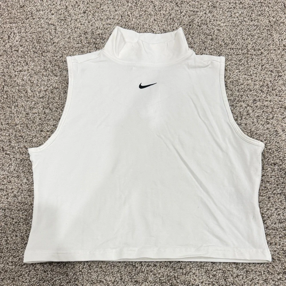 Nike White Sleeveless Mock Neck Crop Tank with Black Swoosh